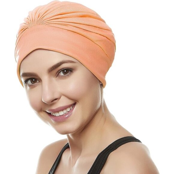 Beemo Swim Caps for Women Swimming Turban Polyester Latex Lined Pleated - Orange - Picture 2 of 9